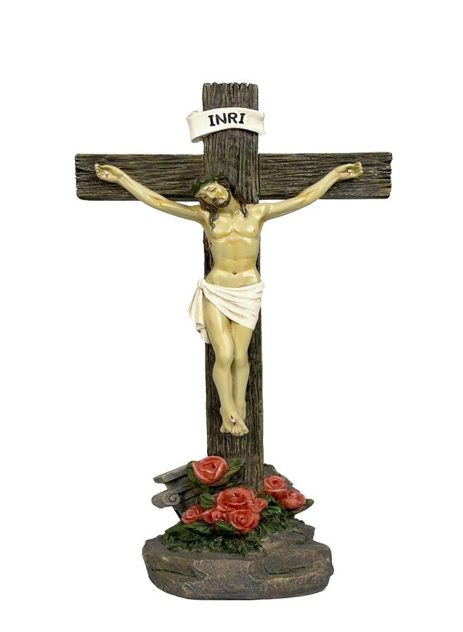 JORAE Jesus Crucifix Statue Standing Cross Decoration Praying Religious Figurine Jesus Christ Catholic Display Resin Tabletop Home Decor, 10" H - Image 1
